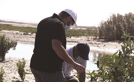 الشيخ عبدالله الأحمد ود.عبدالله زيدان يطلعان على النباتات التي تمت زراعتها في المرحلة الأولى